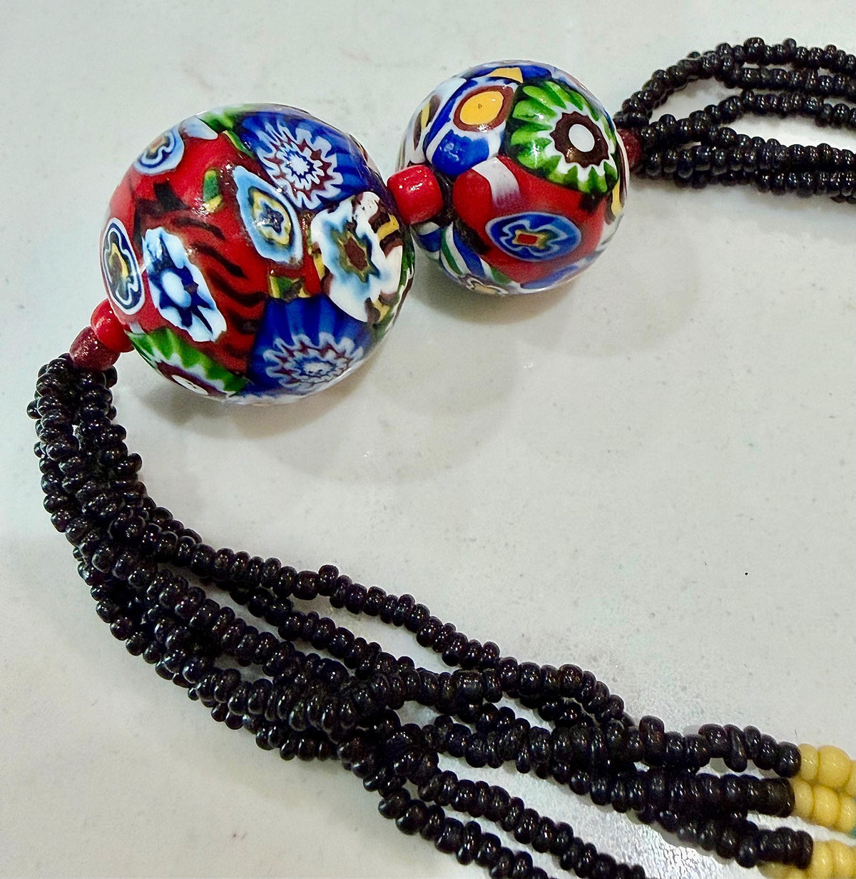 LONG Art Deco Flapper Vintage Murano Millefiori Murano Glass Beaded Necklace 34”