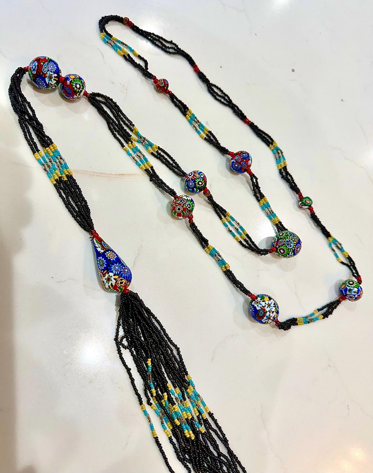 LONG Art Deco Flapper Vintage Murano Millefiori Murano Glass Beaded Necklace 34”