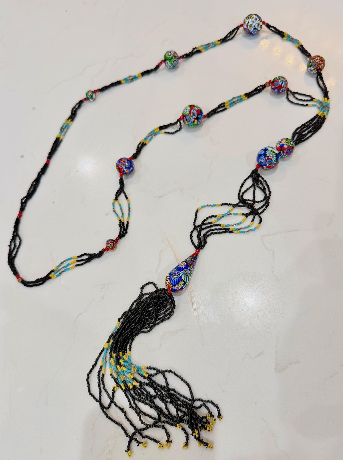 LONG Art Deco Flapper Vintage Murano Millefiori Murano Glass Beaded Necklace 34”