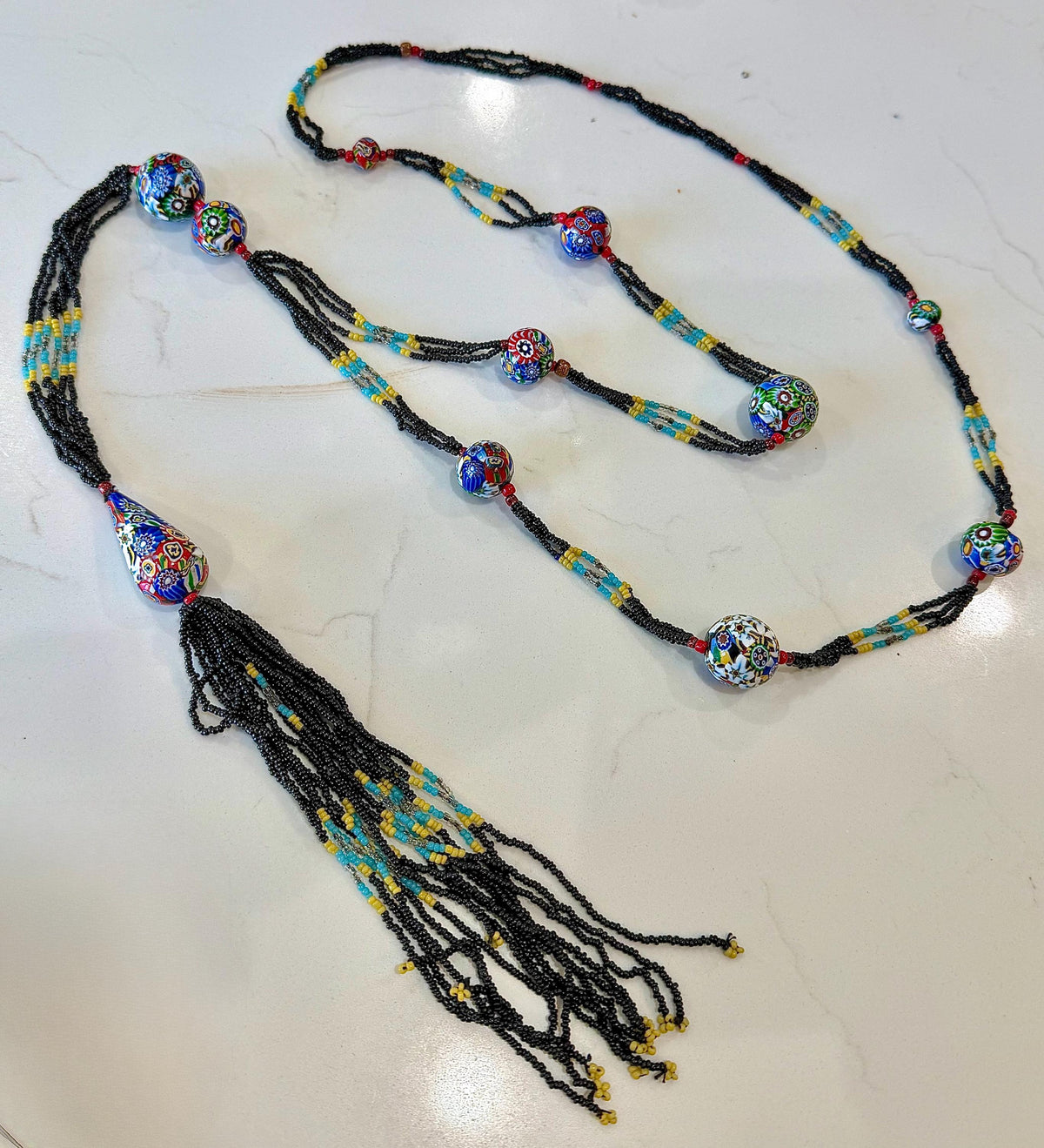 LONG Art Deco Flapper Vintage Murano Millefiori Murano Glass Beaded Necklace 34”