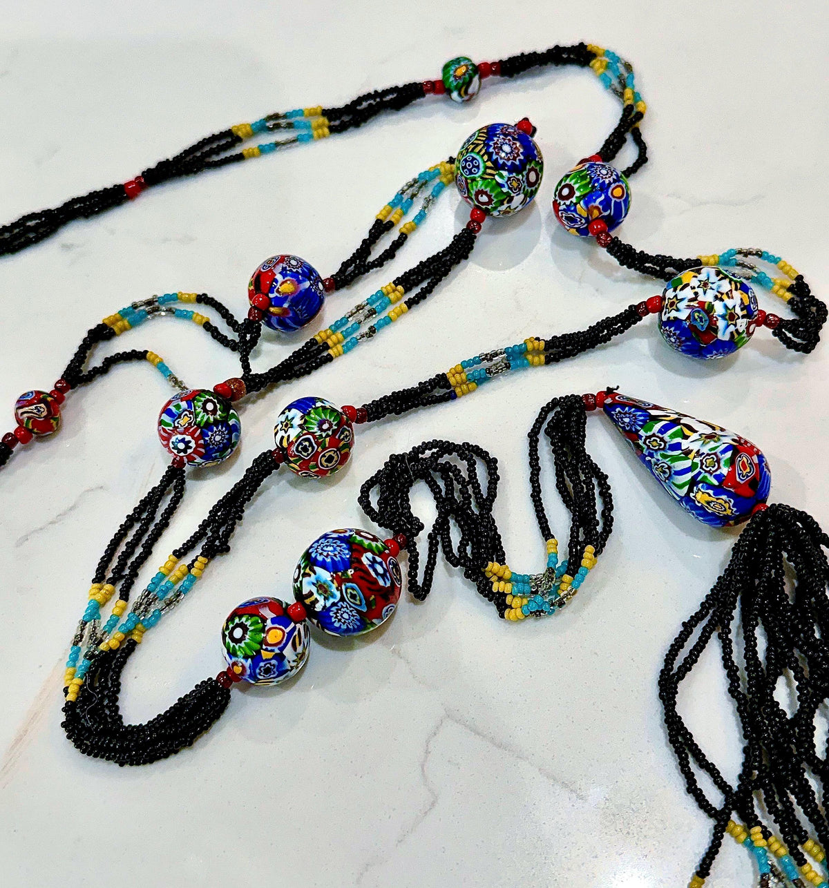 LONG Art Deco Flapper Vintage Murano Millefiori Murano Glass Beaded Necklace 34”