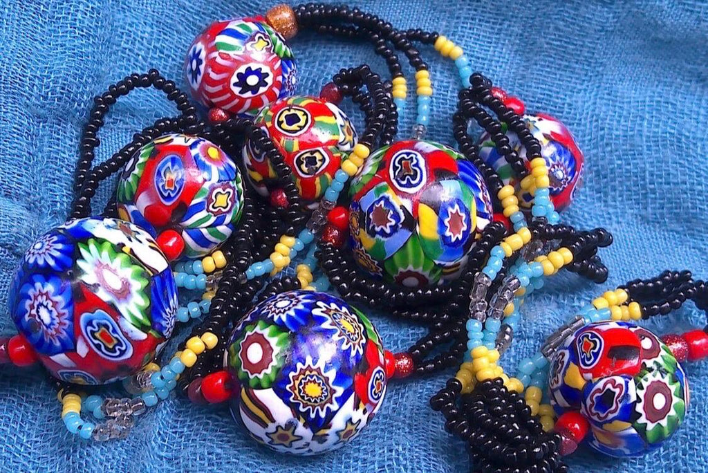 LONG Art Deco Flapper Vintage Murano Millefiori Murano Glass Beaded Necklace 34”