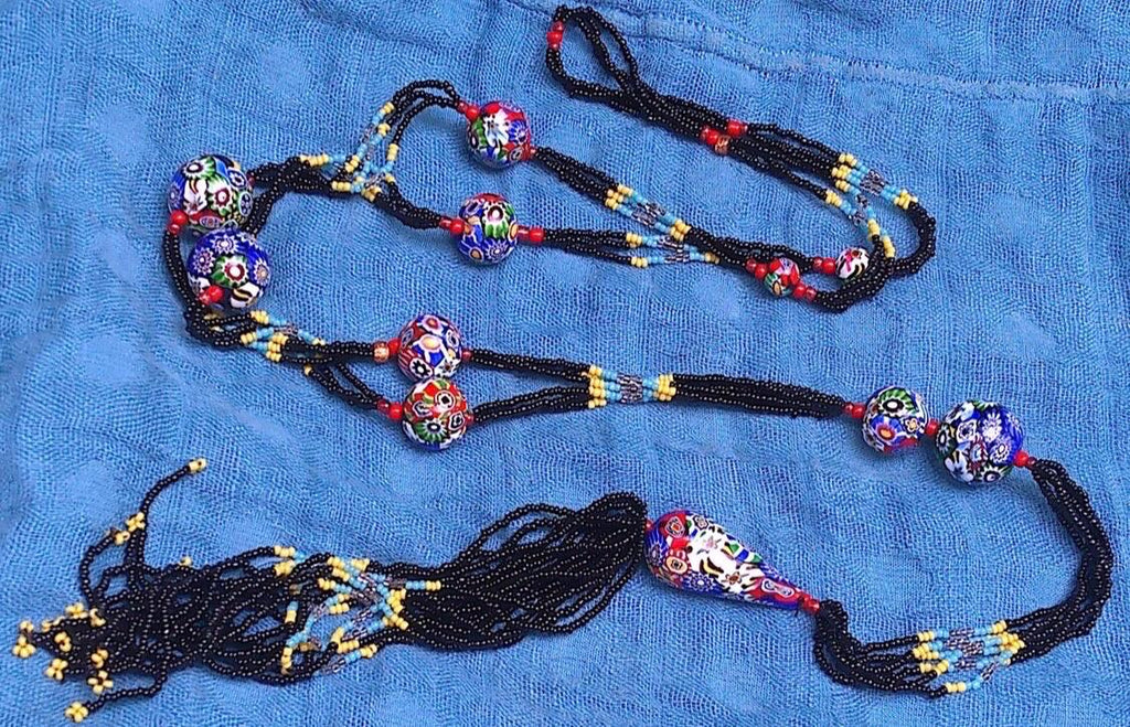 LONG Art Deco Flapper Vintage Murano Millefiori Murano Glass Beaded Necklace 34”
