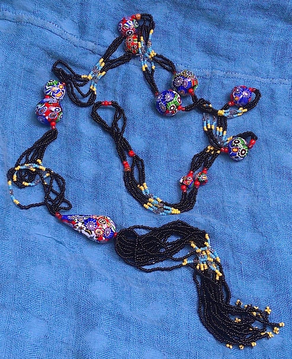 LONG Art Deco Flapper Vintage Murano Millefiori Murano Glass Beaded Necklace 34”