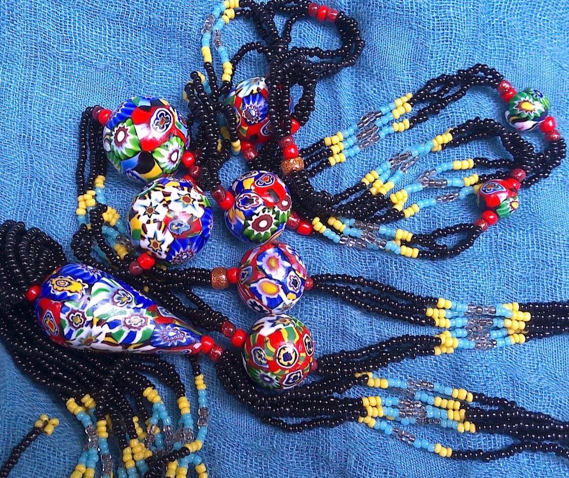 LONG Art Deco Flapper Vintage Murano Millefiori Murano Glass Beaded Necklace 34”