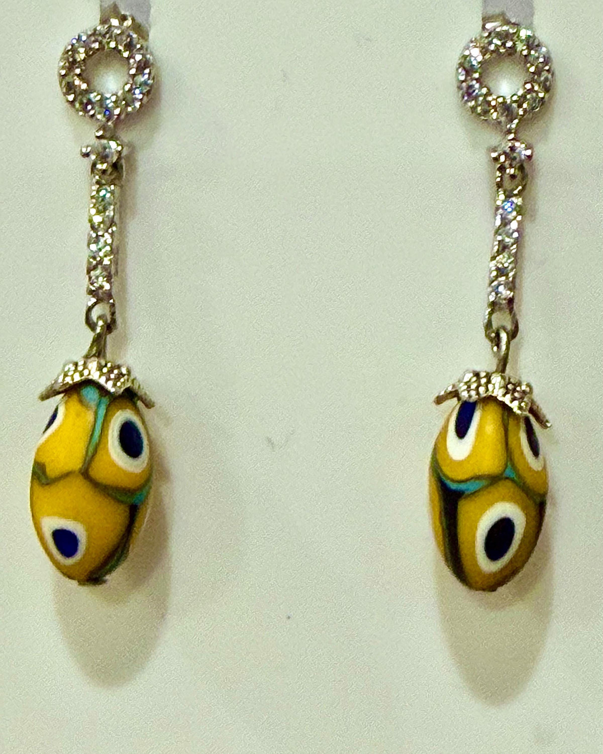 Yellow and Blue Moretti Beaded Murano Millefiori Earrings, Sterling Rhinestone Dangles