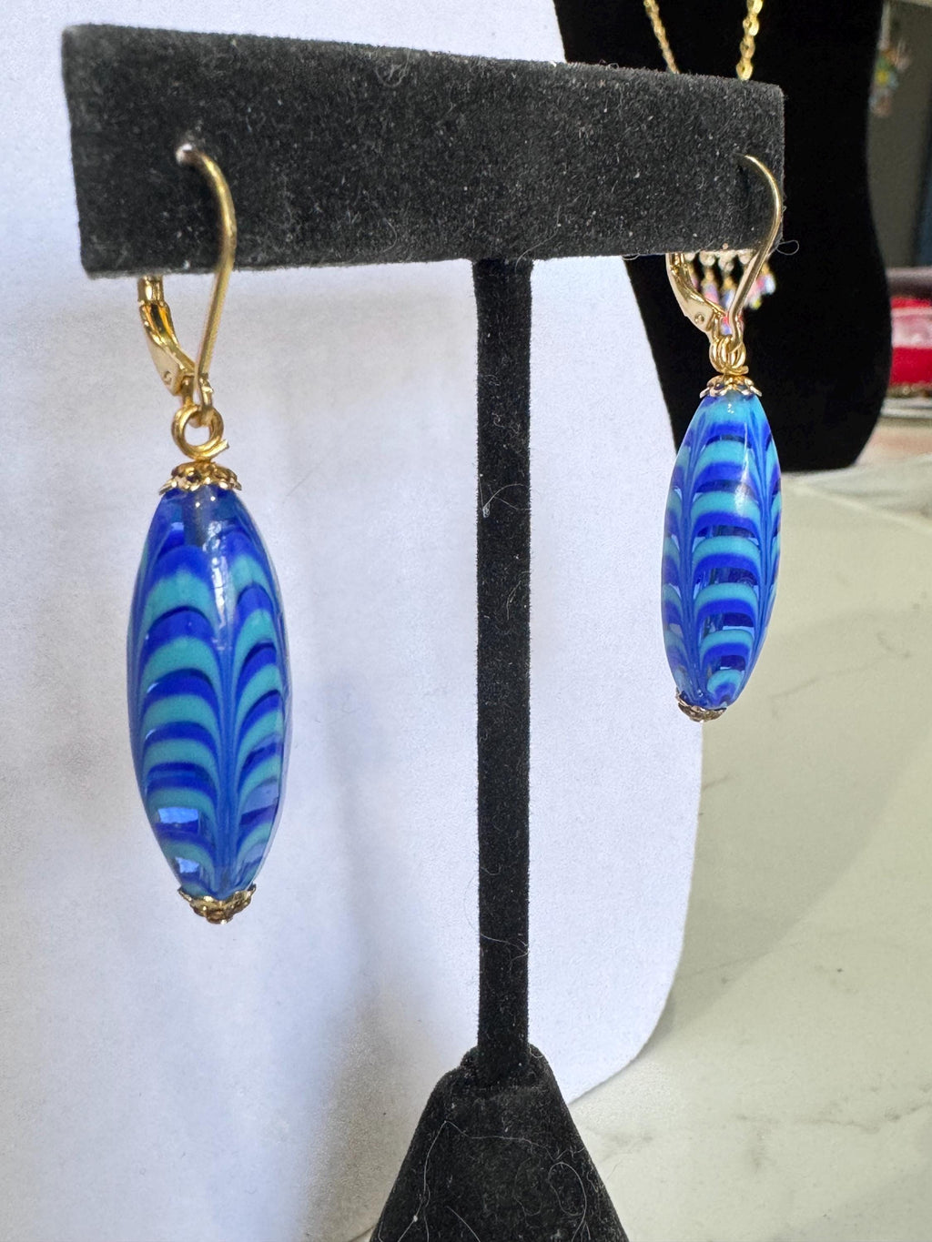 Vintage Murano Millefiori Cobalt Blue Torpedo Earrings, Gold Vermeil Hooks