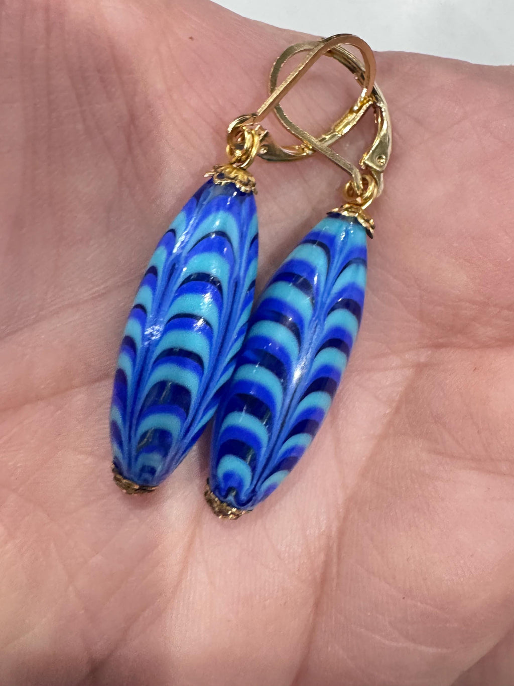Vintage Murano Millefiori Cobalt Blue Torpedo Earrings, Gold Vermeil Hooks
