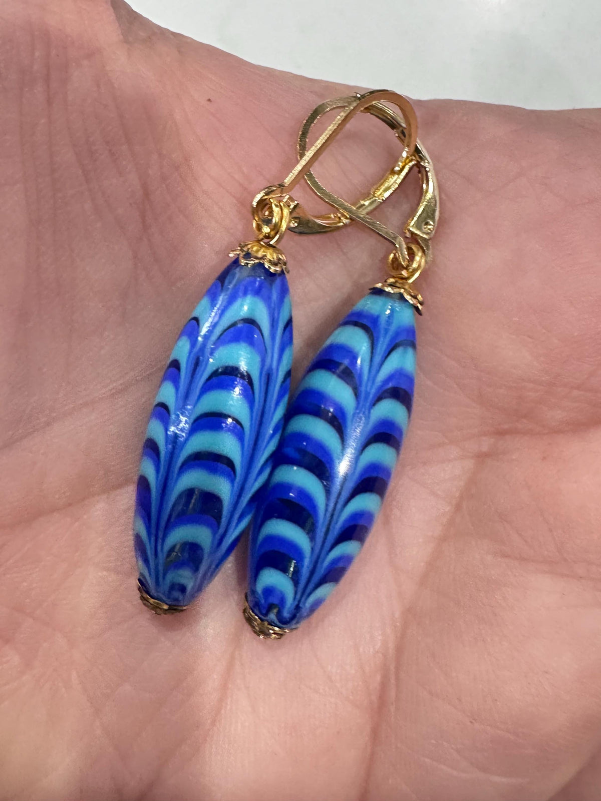 Vintage Murano Millefiori Cobalt Blue Torpedo Earrings, Gold Vermeil Hooks