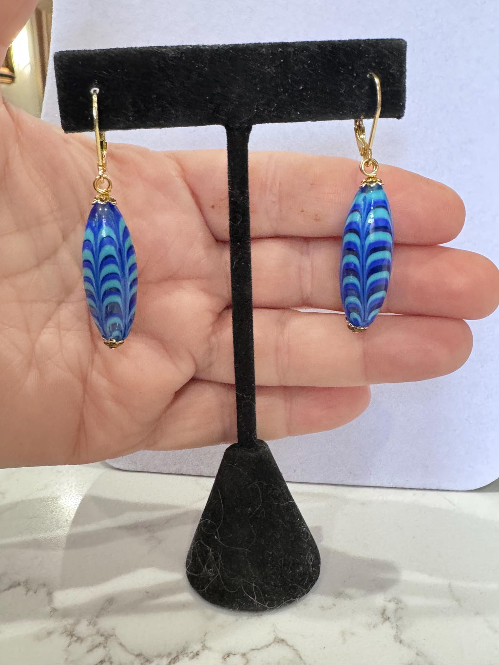 Vintage Murano Millefiori Cobalt Blue Torpedo Earrings, Gold Vermeil Hooks
