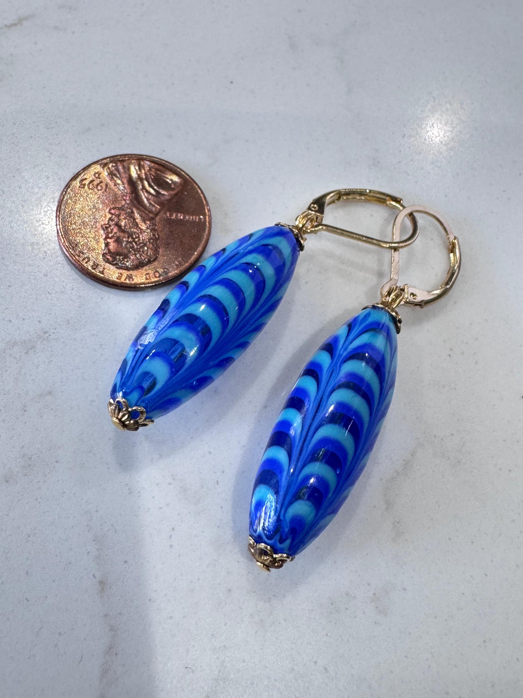 Vintage Murano Millefiori Cobalt Blue Torpedo Earrings, Gold Vermeil Hooks