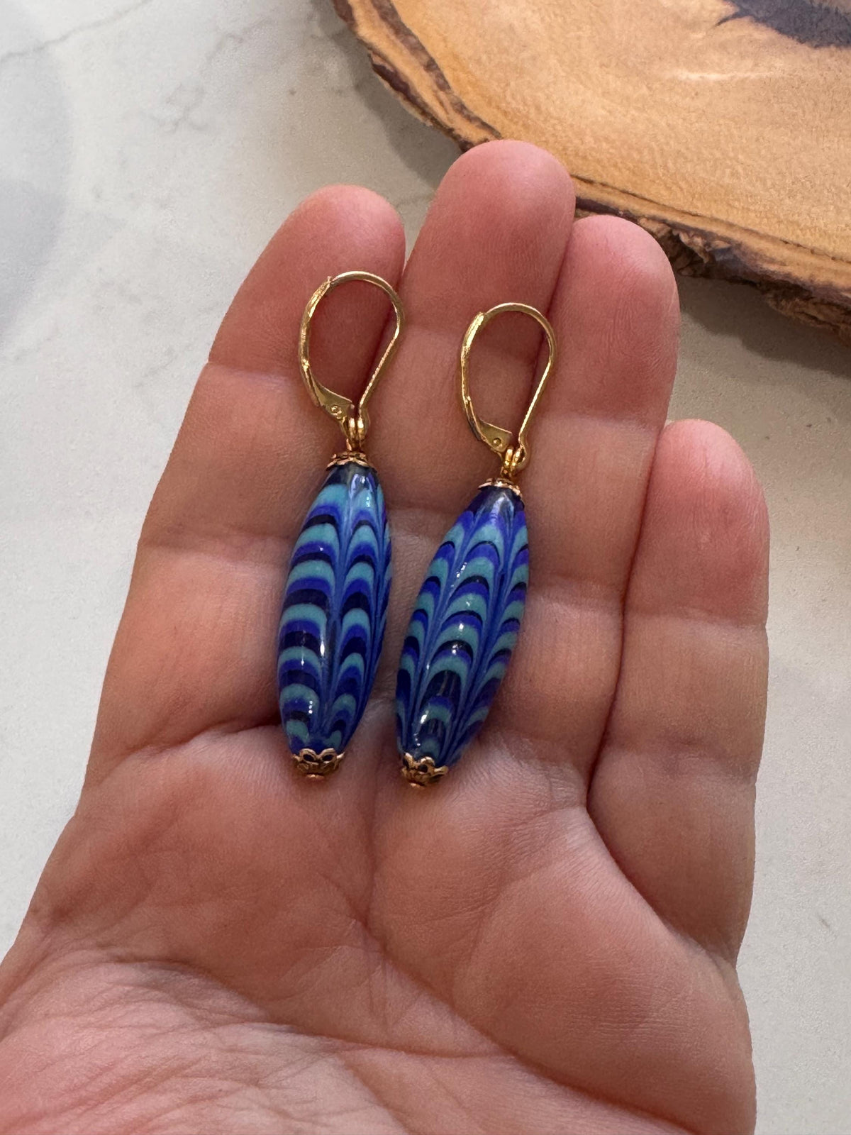 Vintage Murano Millefiori Cobalt Blue Torpedo Earrings, Gold Vermeil Hooks