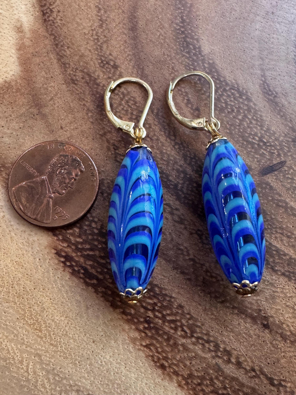 Vintage Murano Millefiori Cobalt Blue Torpedo Earrings, Gold Vermeil Hooks