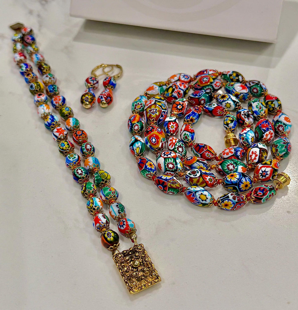 Ercole Moretti Murano Millefiori Neclace, Bracelet and Earrings Set