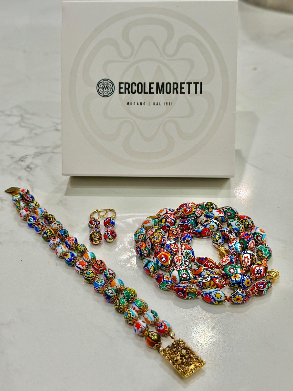 Ercole Moretti Murano Millefiori Neclace, Bracelet and Earrings Set