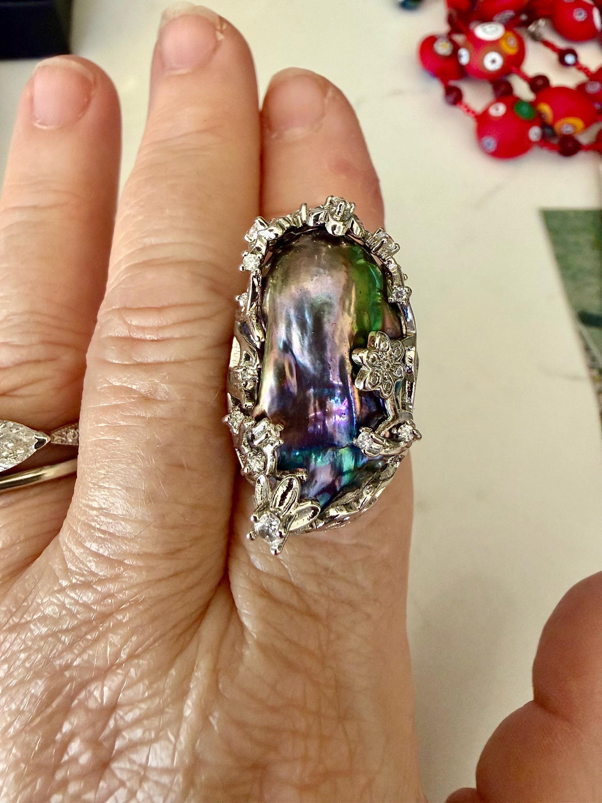 Giant Black Baroque Pearl Ring: Iridescent 14k White Gold Plated Alloy, Adjustable