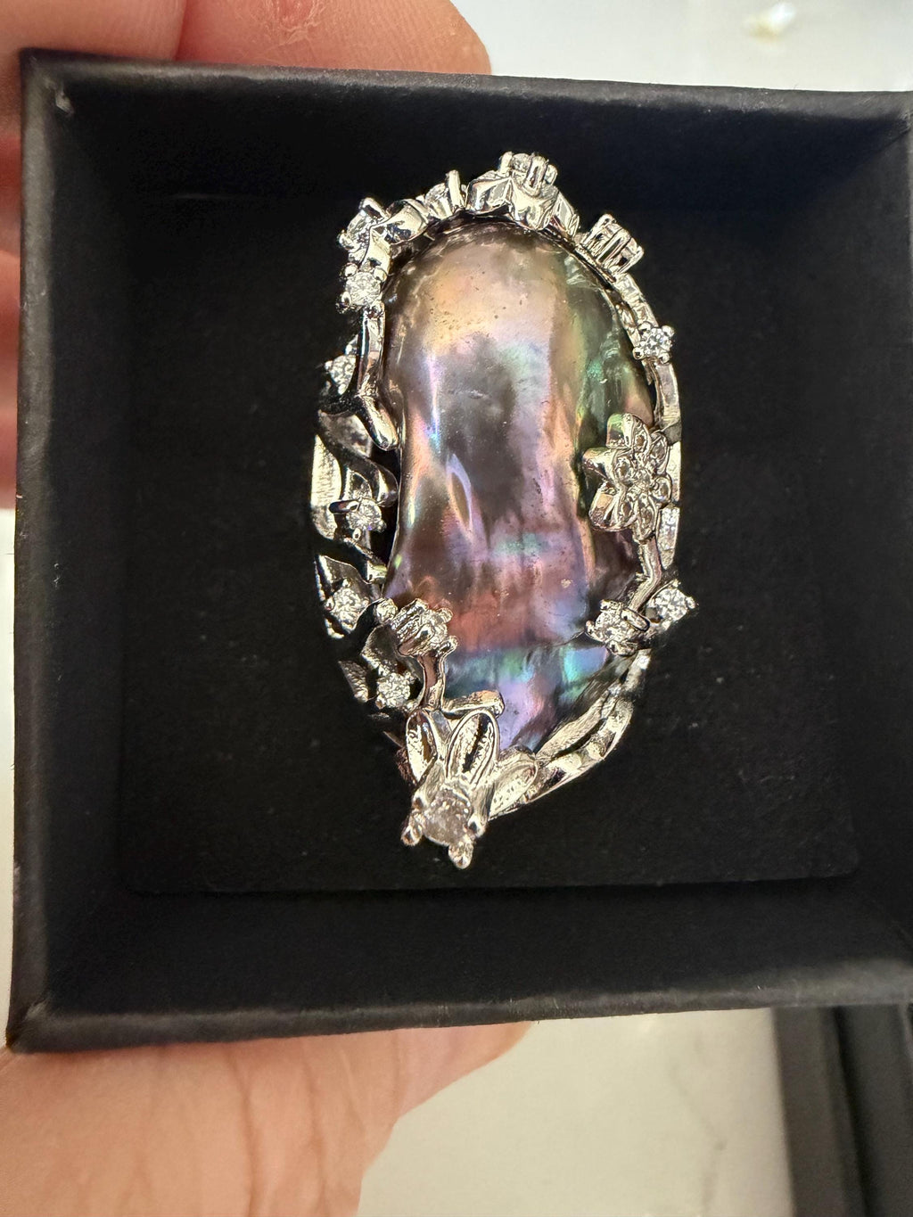 Giant Black Baroque Pearl Ring: Iridescent 14k White Gold Plated Alloy, Adjustable