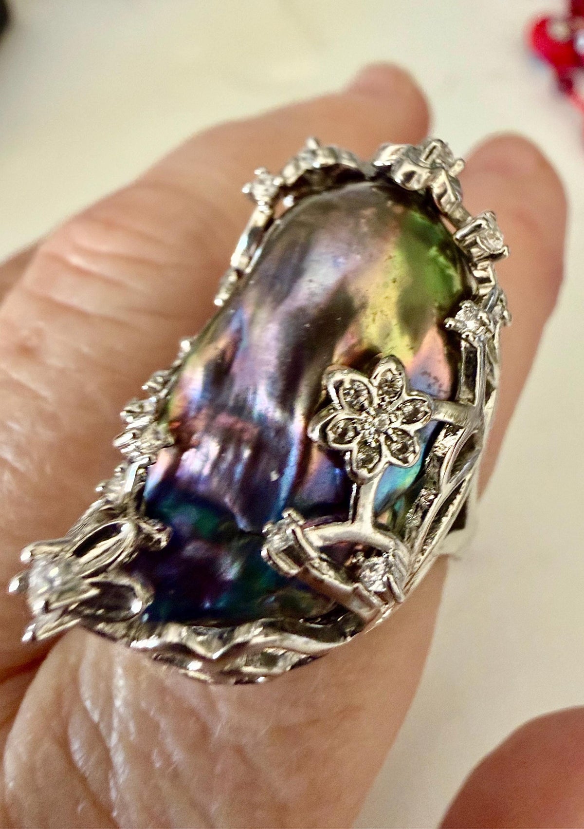 Giant Black Baroque Pearl Ring: Iridescent 14k White Gold Plated Alloy, Adjustable