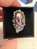 Giant Black Baroque Pearl Ring: Iridescent 14k White Gold Plated Alloy, Adjustable