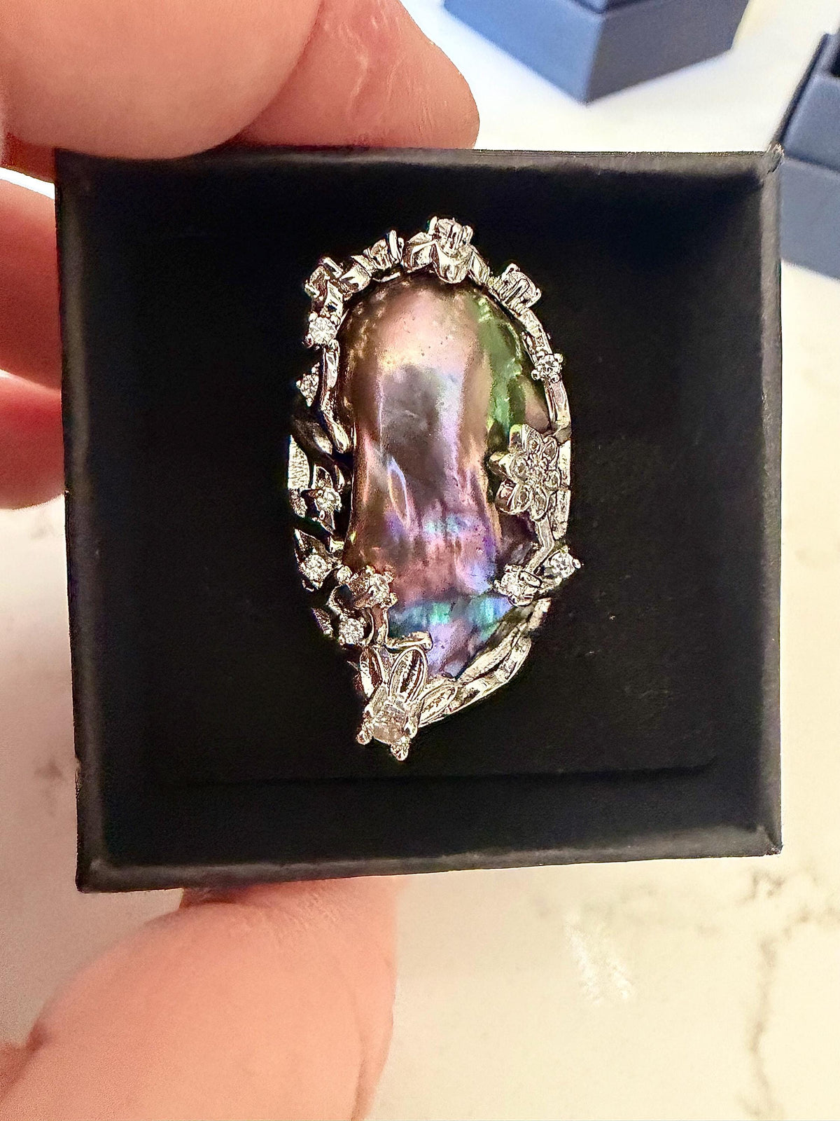 Giant Black Baroque Pearl Ring: Iridescent 14k White Gold Plated Alloy, Adjustable