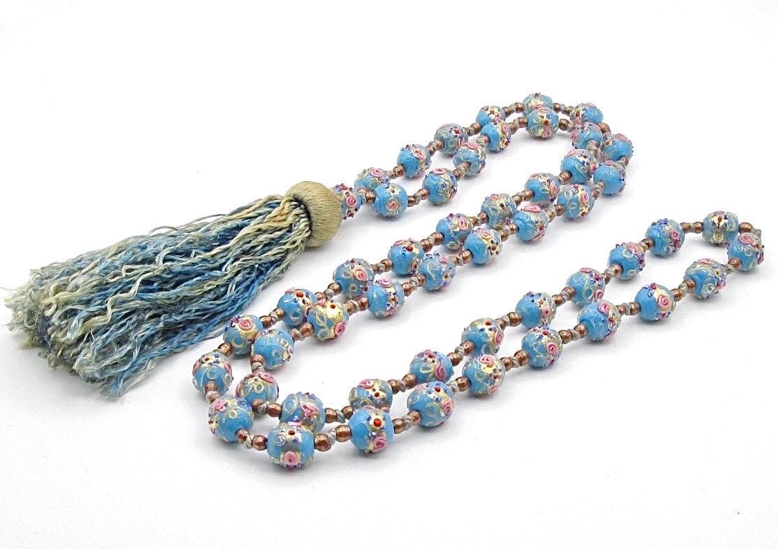 Extra Long Vintage Murano Wedding Cake Bead Necklace With Silk Tassel