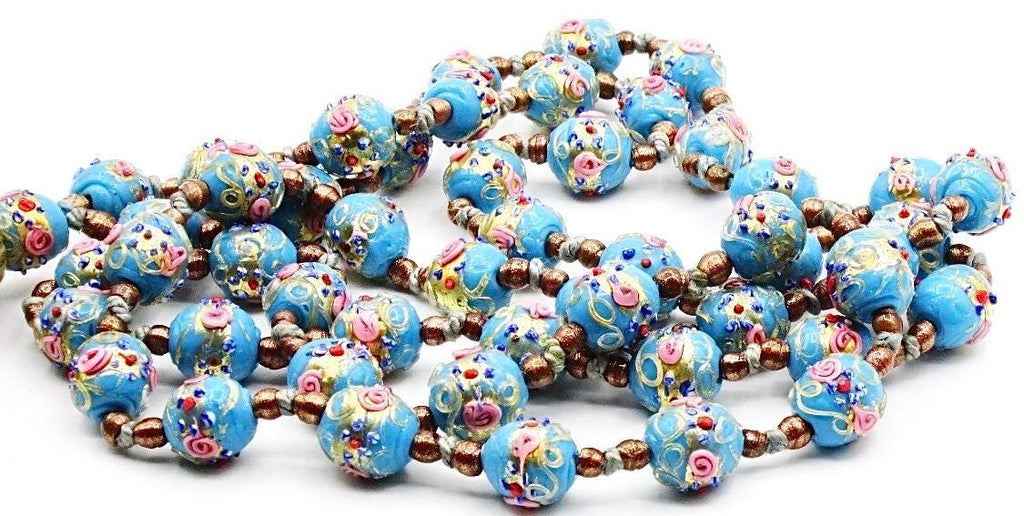 Extra Long Vintage Murano Wedding Cake Bead Necklace With Silk Tassel