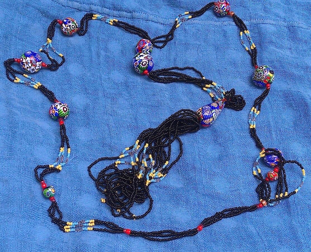 LONG Art Deco Flapper Vintage Murano Millefiori Murano Glass Beaded Necklace 34”