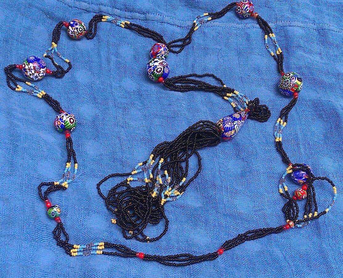 LONG Art Deco Flapper Vintage Murano Millefiori Murano Glass Beaded Necklace 34”