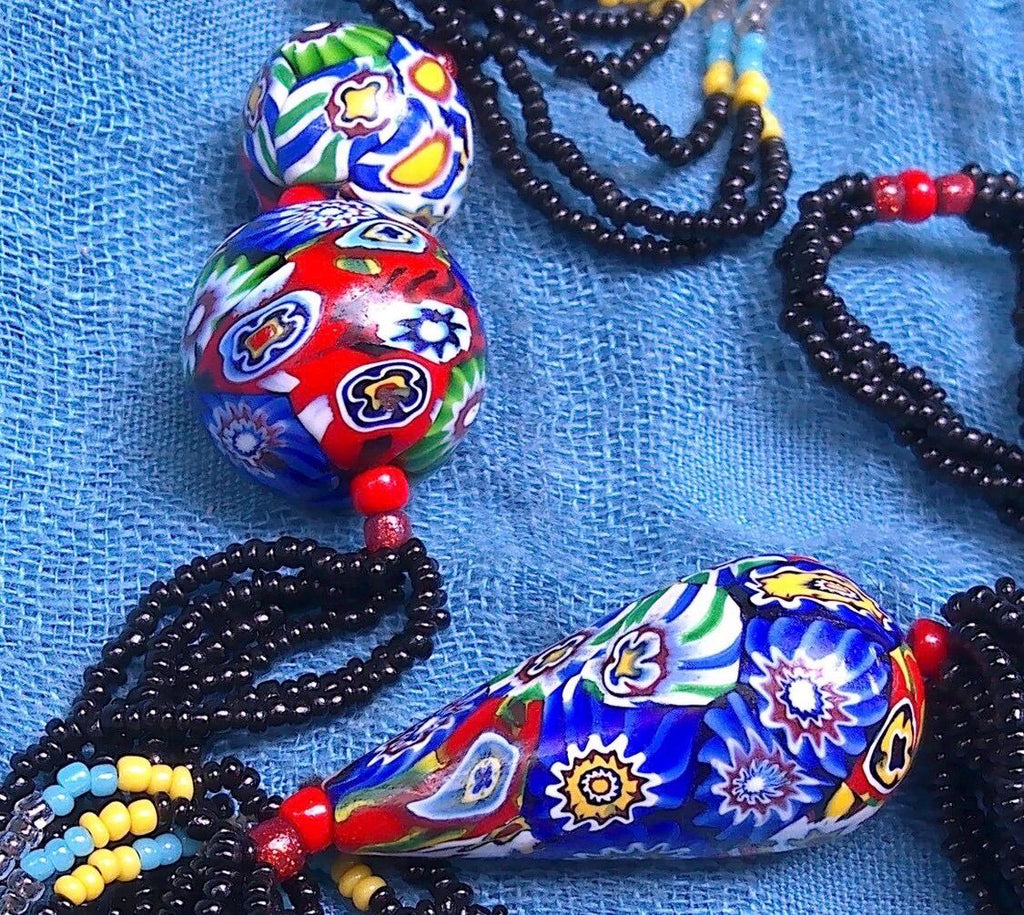 LONG Art Deco Flapper Vintage Murano Millefiori Murano Glass Beaded Necklace 34”
