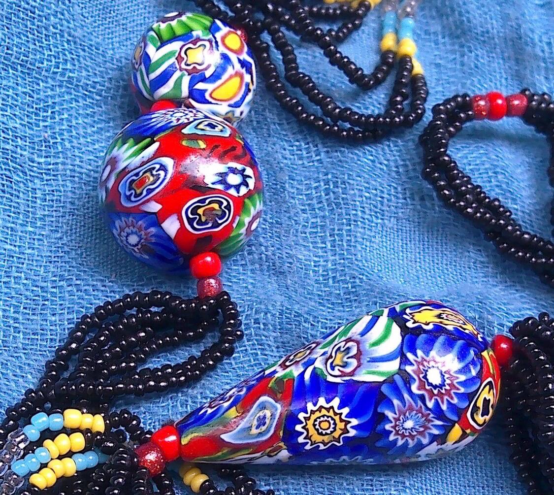 LONG Art Deco Flapper Vintage Murano Millefiori Murano Glass Beaded Necklace 34”