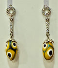 Yellow and Blue Moretti Beaded Murano Millefiori Earrings, Sterling Rhinestone Dangles
