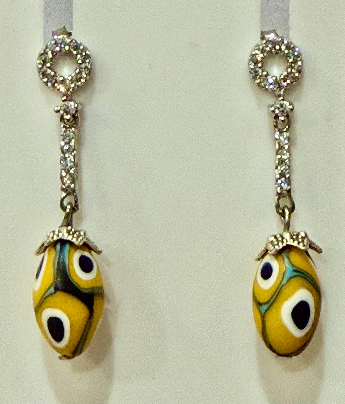 Yellow and Blue Moretti Beaded Murano Millefiori Earrings, Sterling Rhinestone Dangles