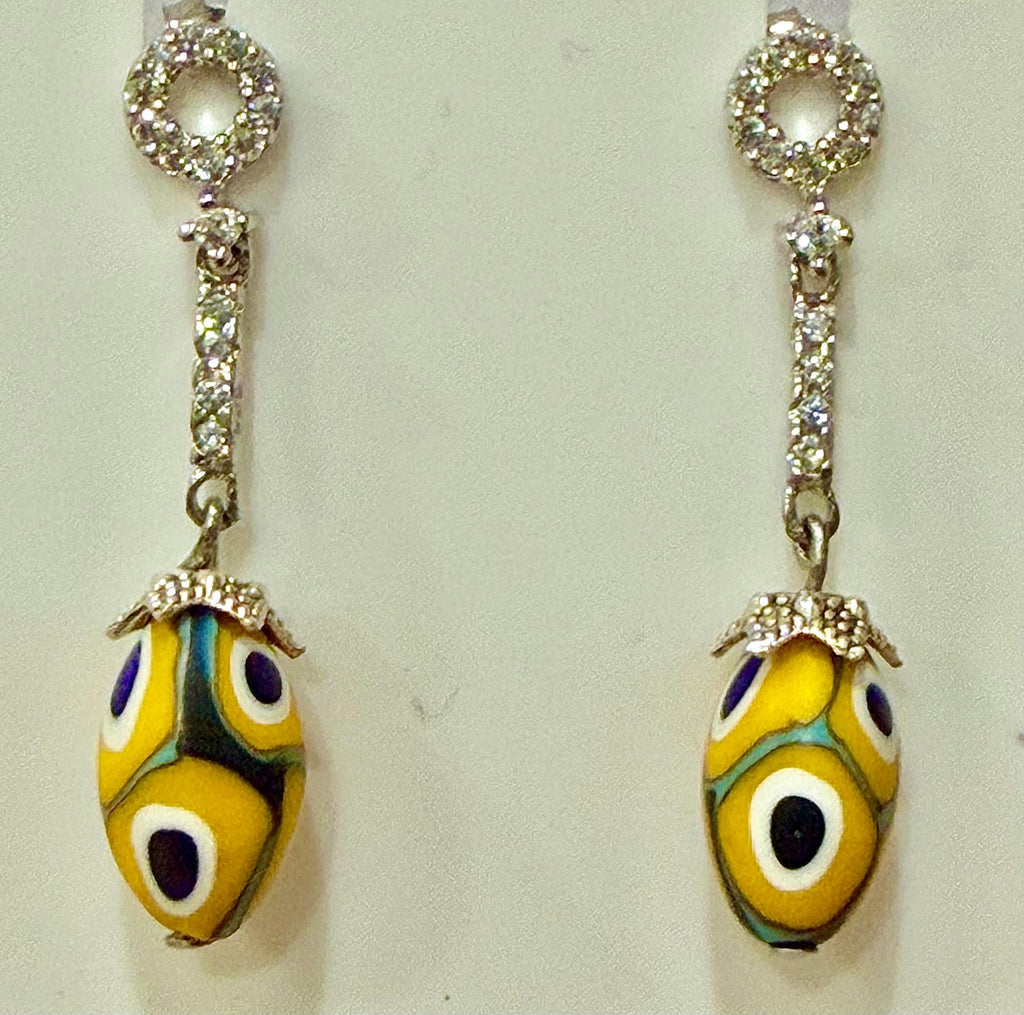 Yellow and Blue Moretti Beaded Murano Millefiori Earrings, Sterling Rhinestone Dangles