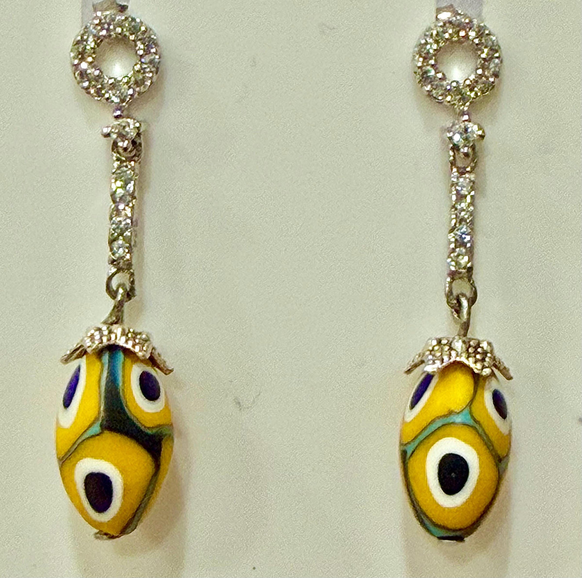 Yellow and Blue Moretti Beaded Murano Millefiori Earrings, Sterling Rhinestone Dangles