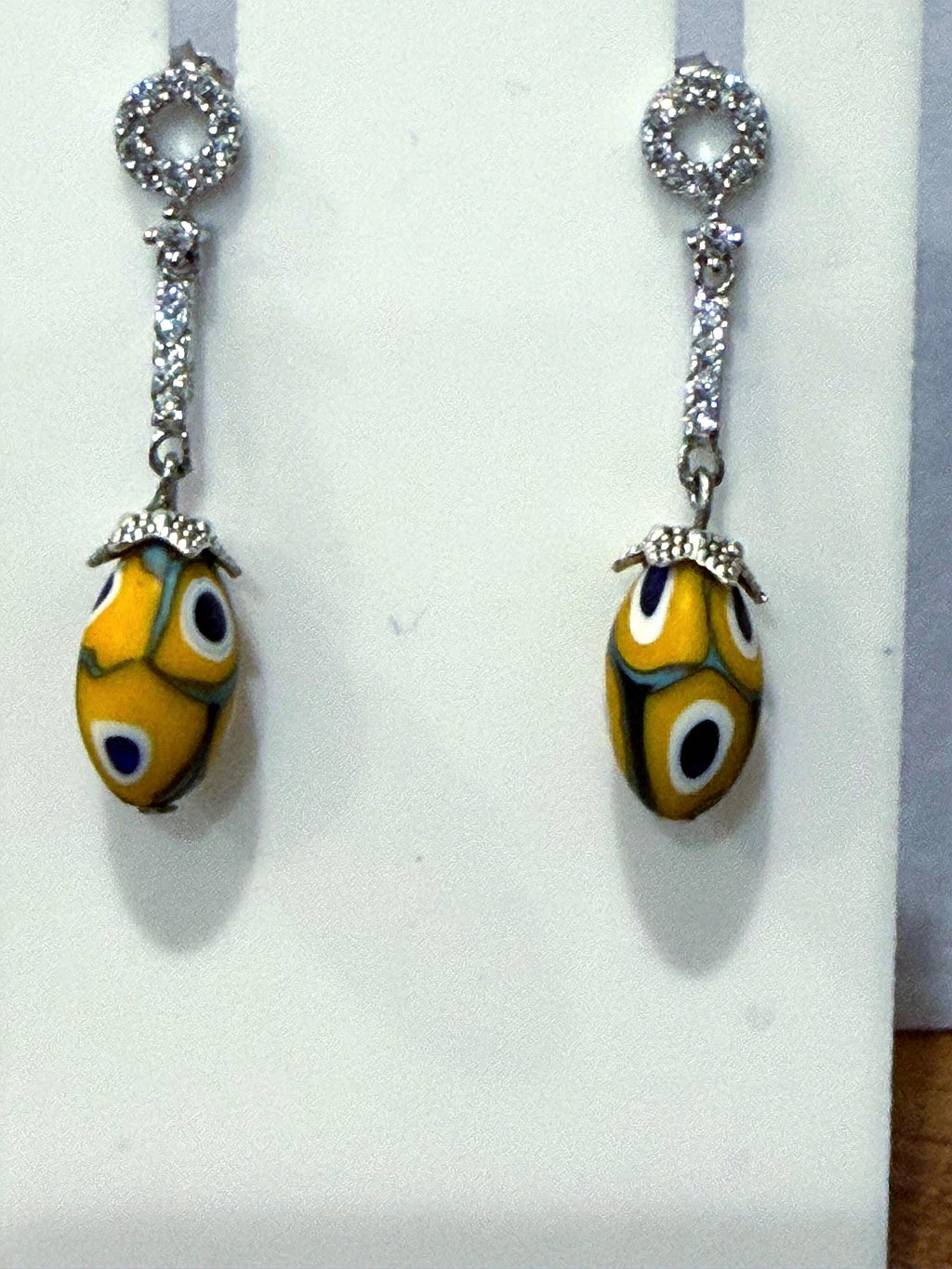 Yellow and Blue Moretti Beaded Murano Millefiori Earrings, Sterling Rhinestone Dangles