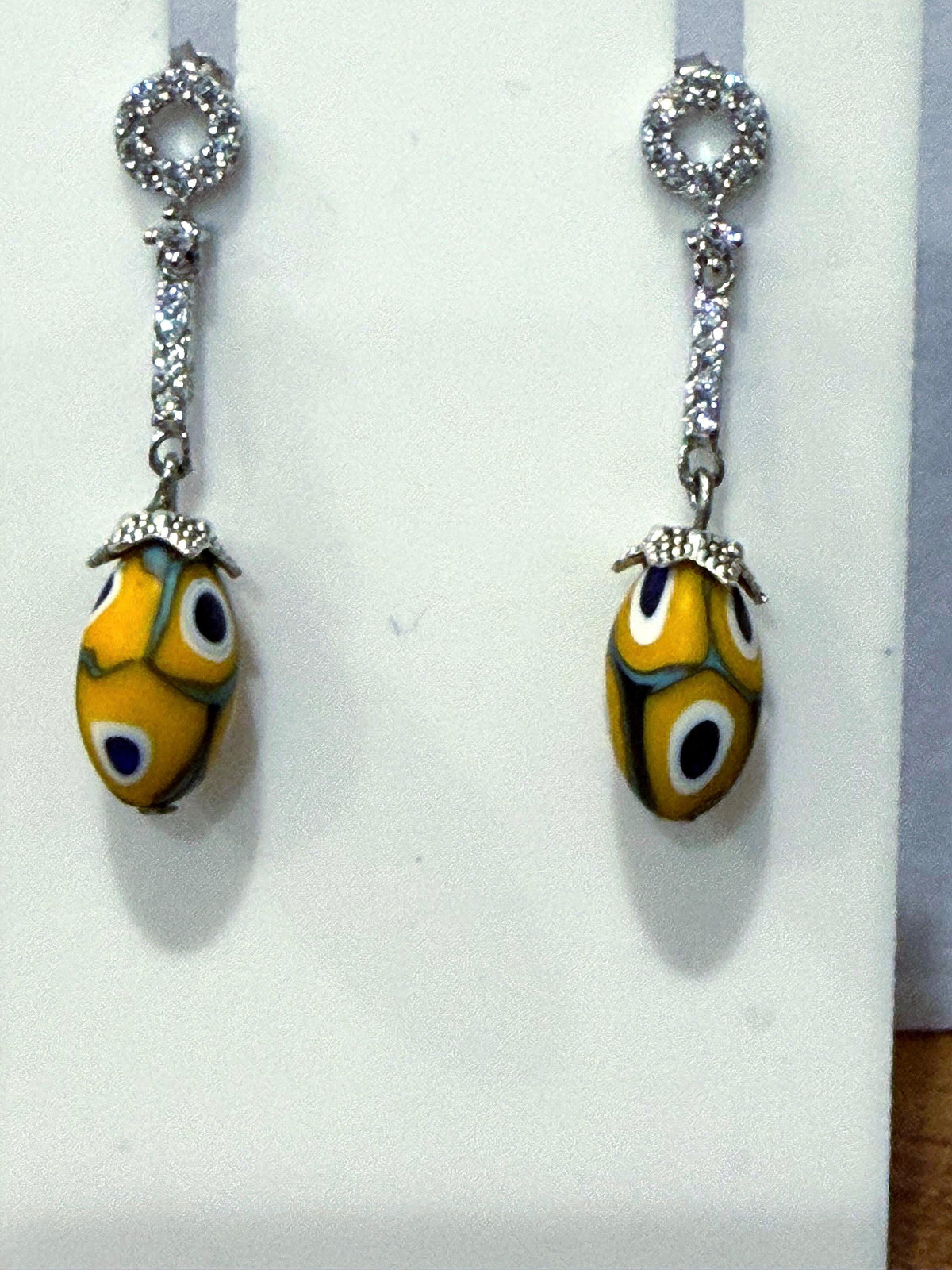 Yellow and Blue Moretti Beaded Murano Millefiori Earrings, Sterling Rhinestone Dangles