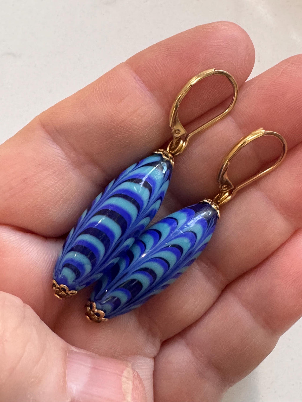 Vintage Murano Millefiori Cobalt Blue Torpedo Earrings, Gold Vermeil Hooks