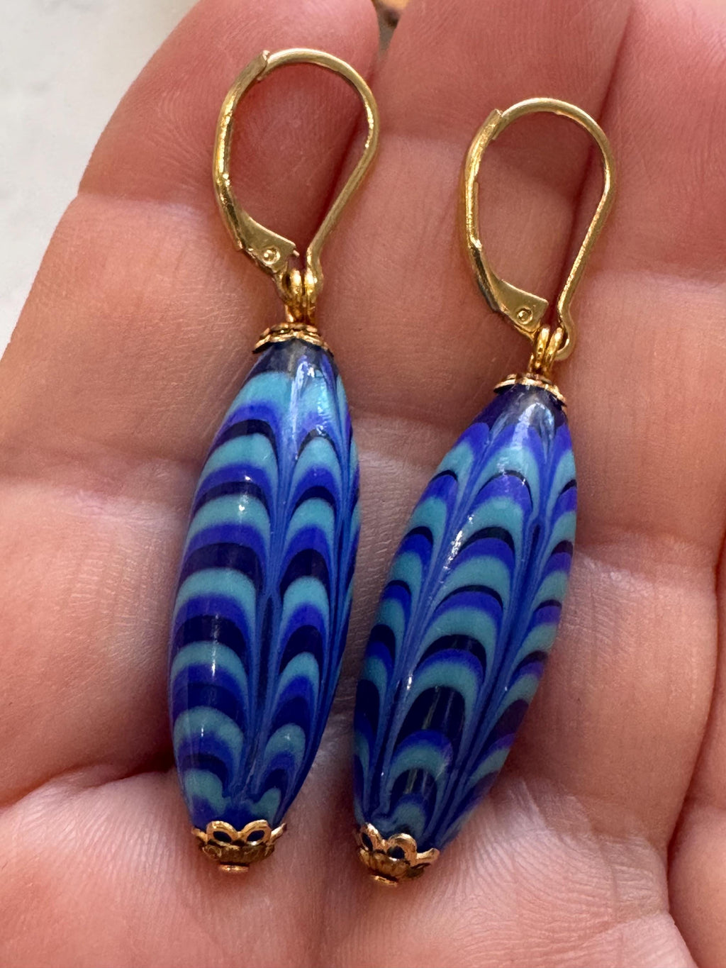 Vintage Murano Millefiori Cobalt Blue Torpedo Earrings, Gold Vermeil Hooks