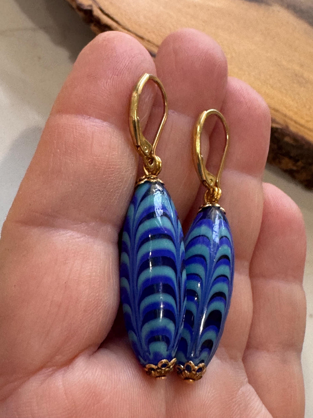 Vintage Murano Millefiori Cobalt Blue Torpedo Earrings, Gold Vermeil Hooks