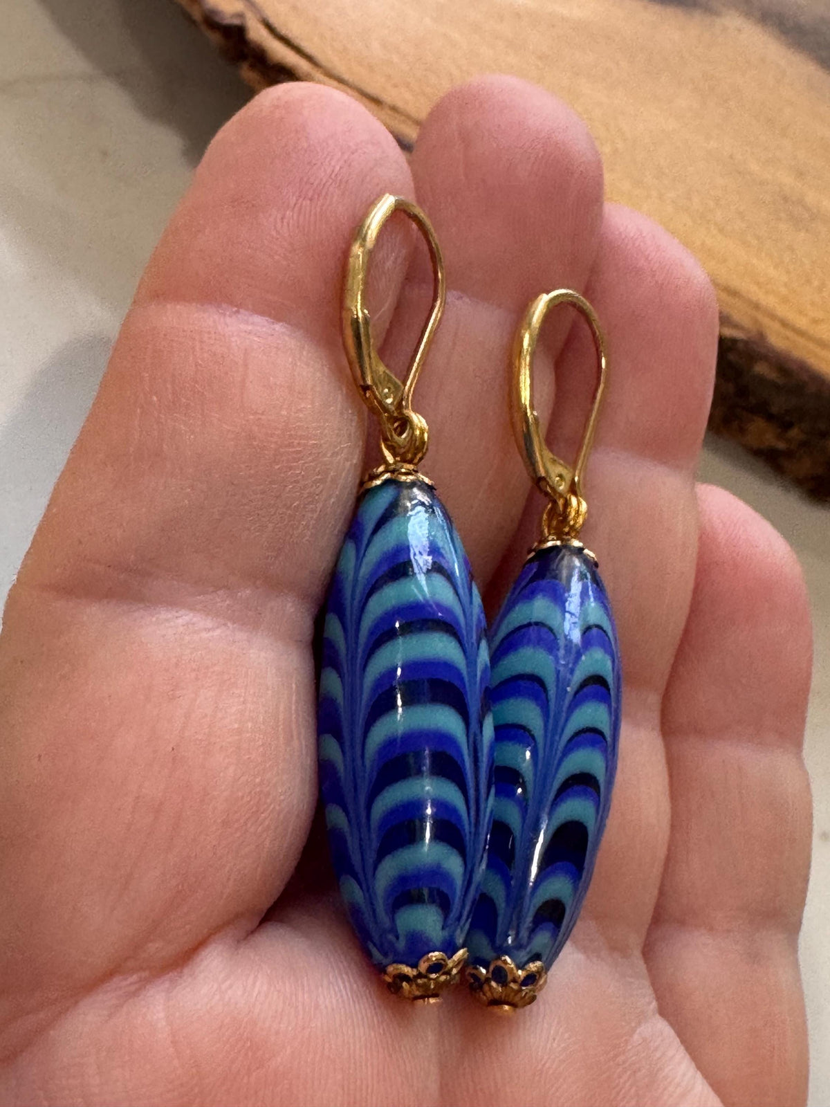 Vintage Murano Millefiori Cobalt Blue Torpedo Earrings, Gold Vermeil Hooks