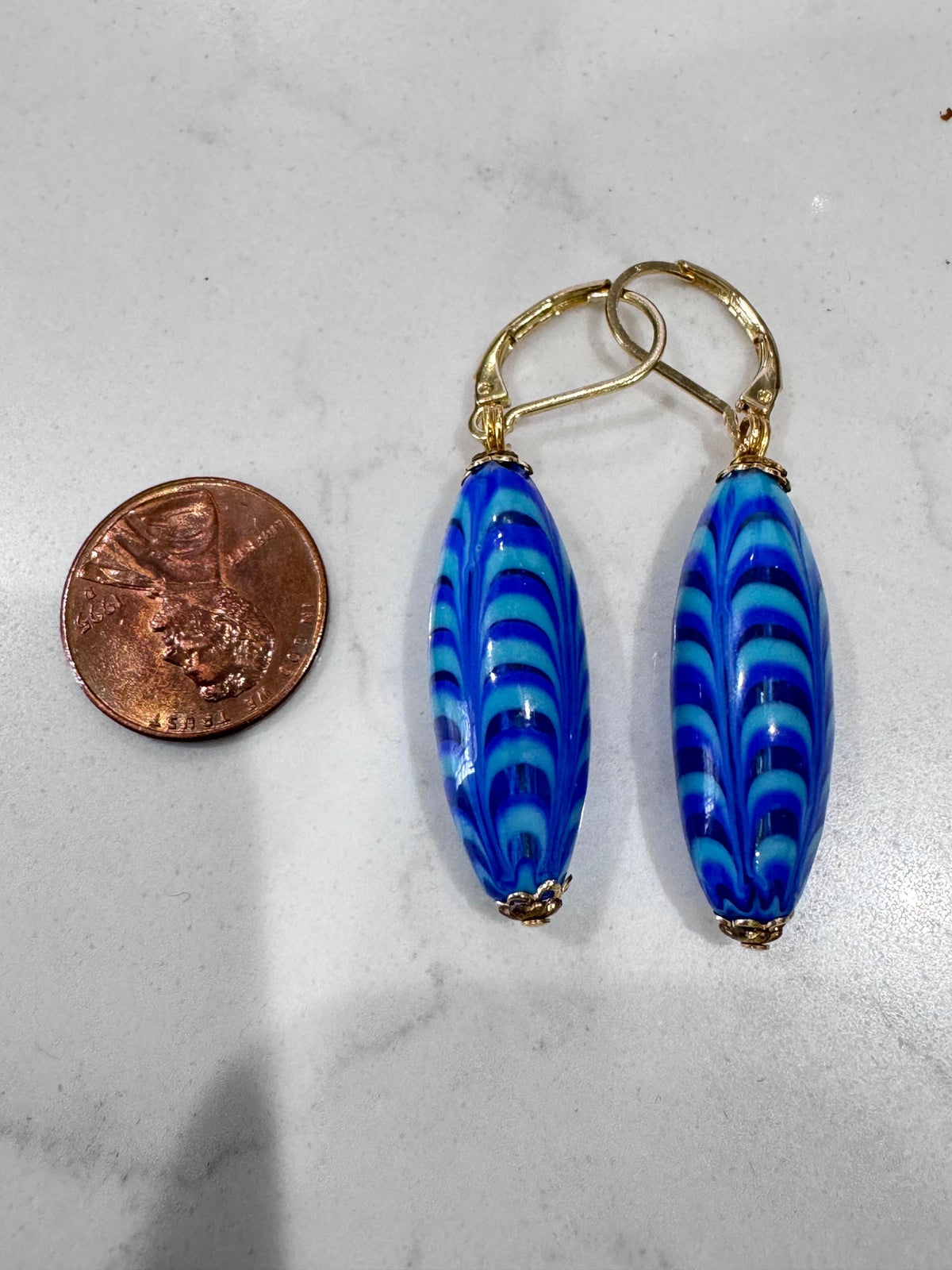 Vintage Murano Millefiori Cobalt Blue Torpedo Earrings, Gold Vermeil Hooks
