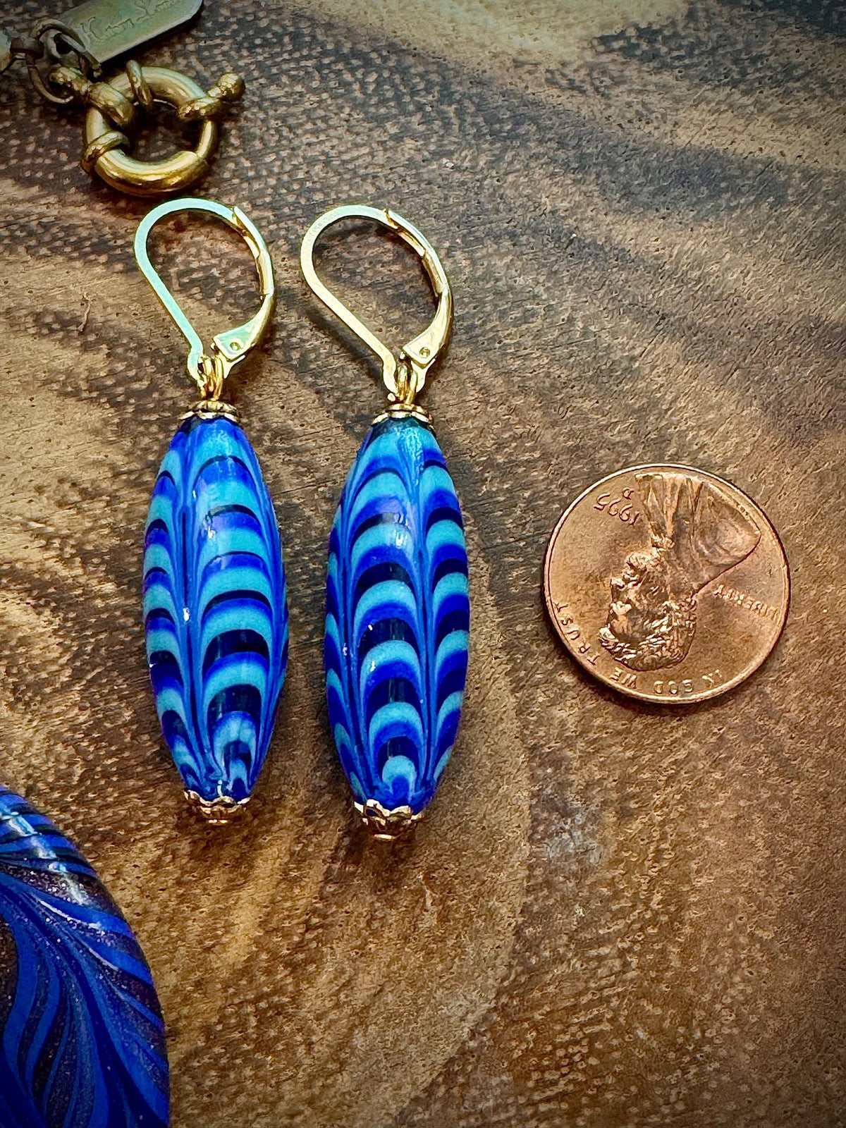 Vintage Murano Millefiori Cobalt Blue Torpedo Earrings, Gold Vermeil Hooks