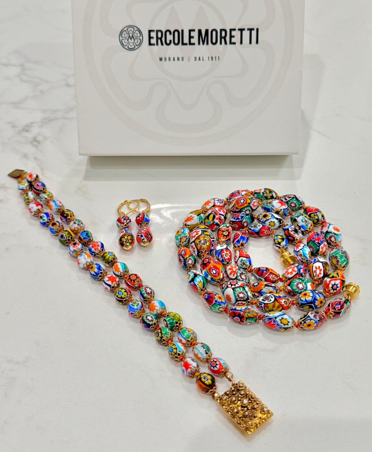 Ercole Moretti Murano Millefiori Neclace, Bracelet and Earrings Set