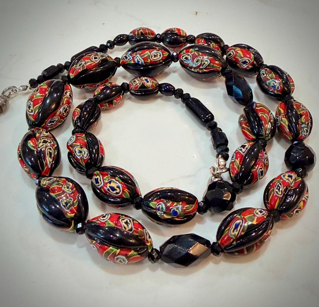 Art Deco Venetian Matched Melon Millefiori Black & Red Glass Necklace
