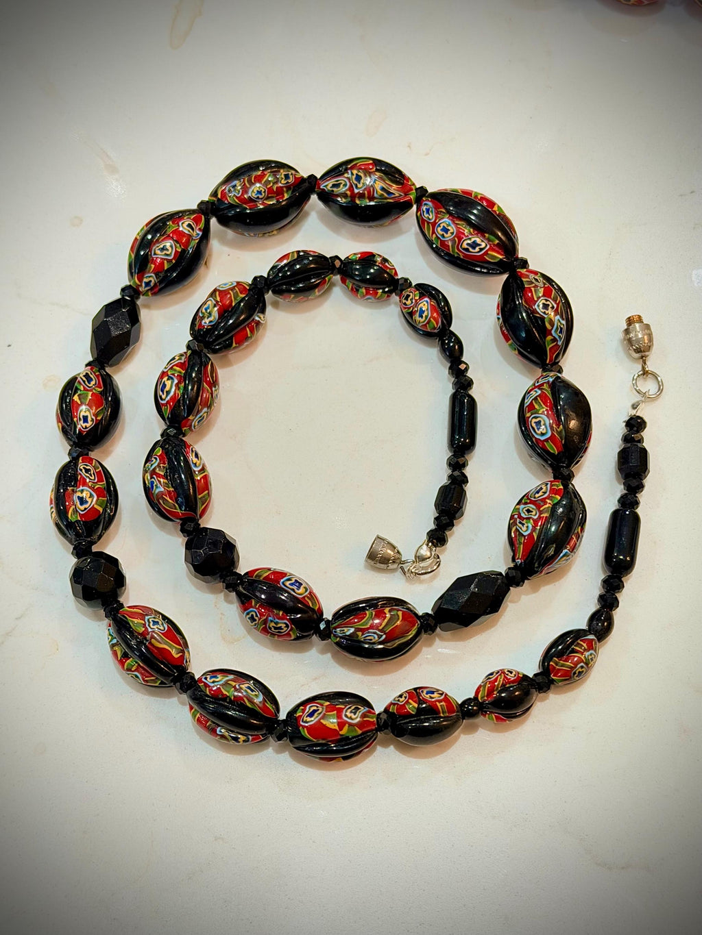 Art Deco Venetian Matched Melon Millefiori Black & Red Glass Necklace