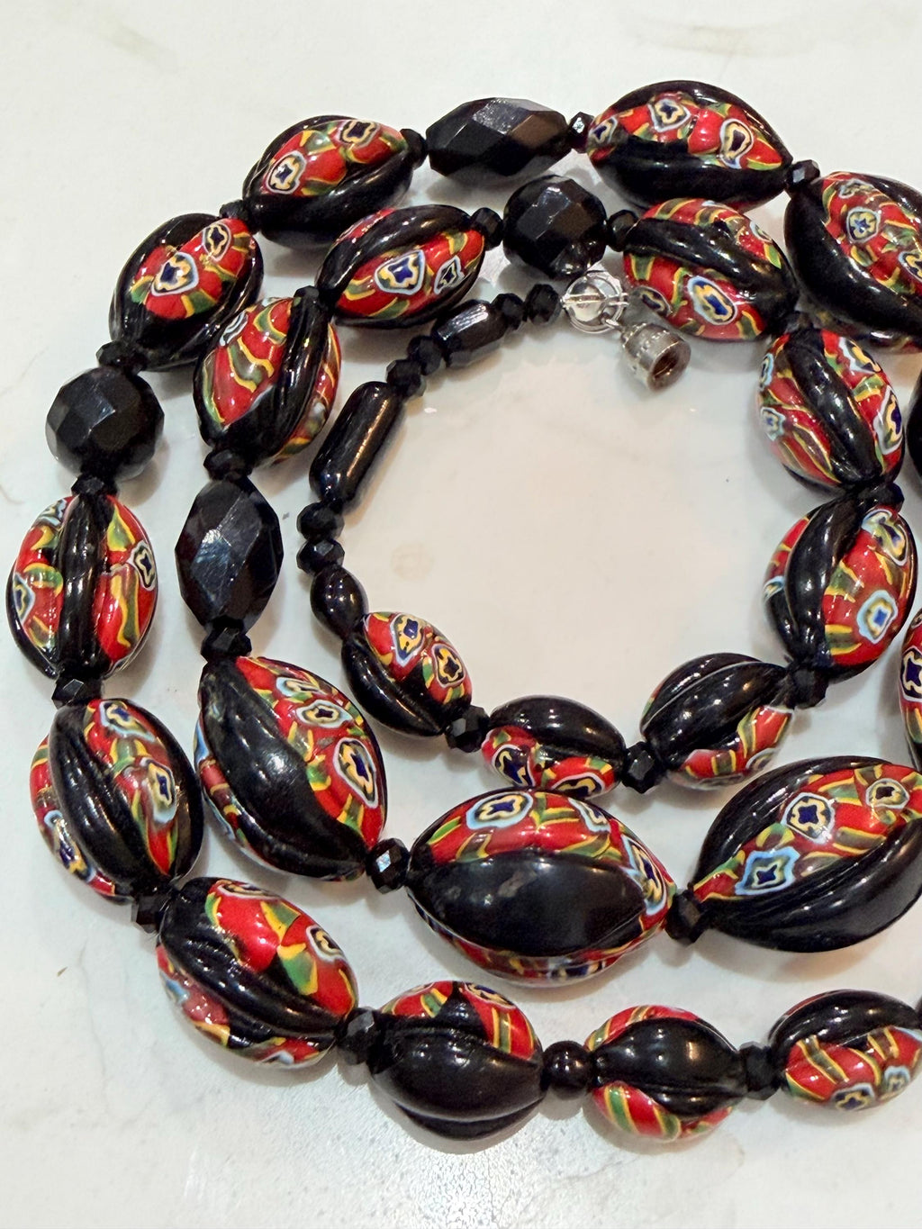 Art Deco Venetian Matched Melon Millefiori Black & Red Glass Necklace