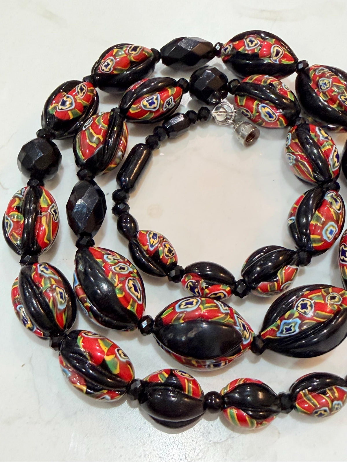 Art Deco Venetian Matched Melon Millefiori Black & Red Glass Necklace