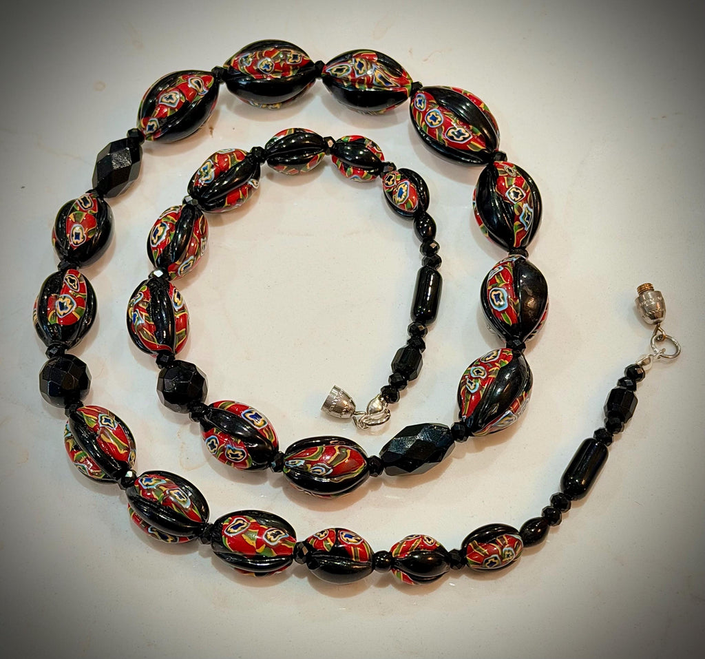 Art Deco Venetian Matched Melon Millefiori Black & Red Glass Necklace