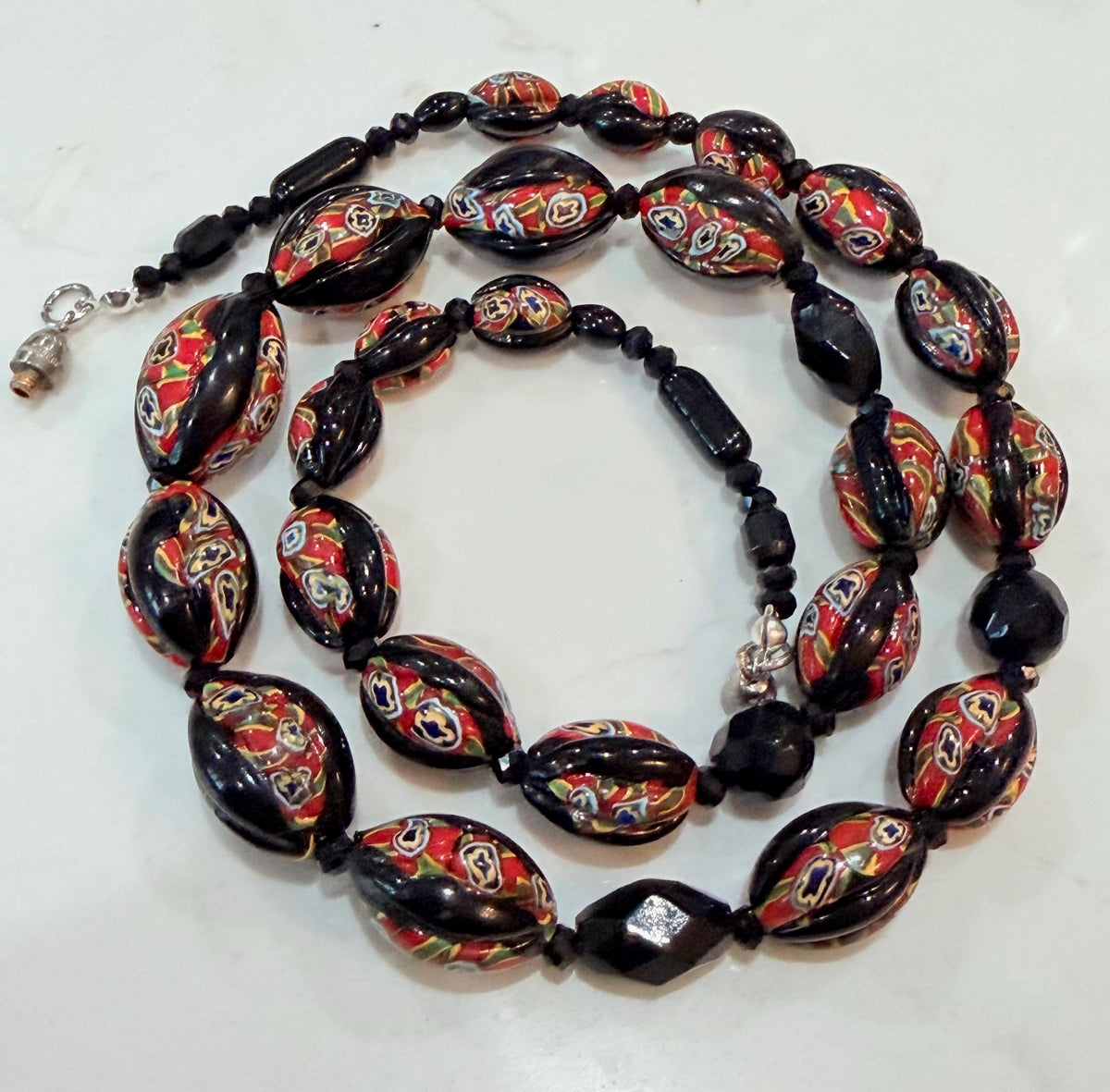Art Deco Venetian Matched Melon Millefiori Black & Red Glass Necklace