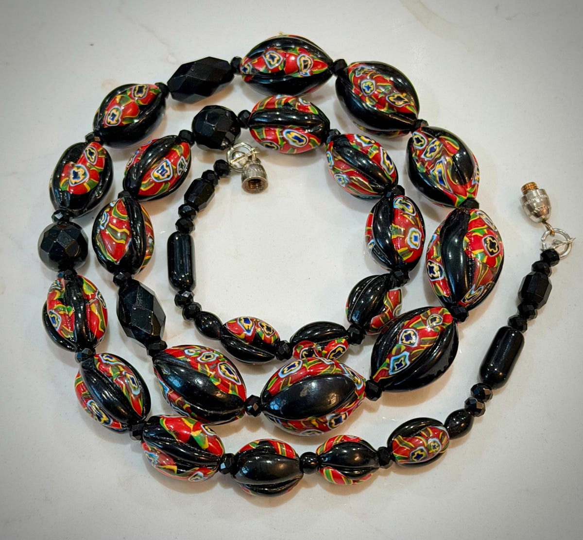 Art Deco Venetian Matched Melon Millefiori Black & Red Glass Necklace
